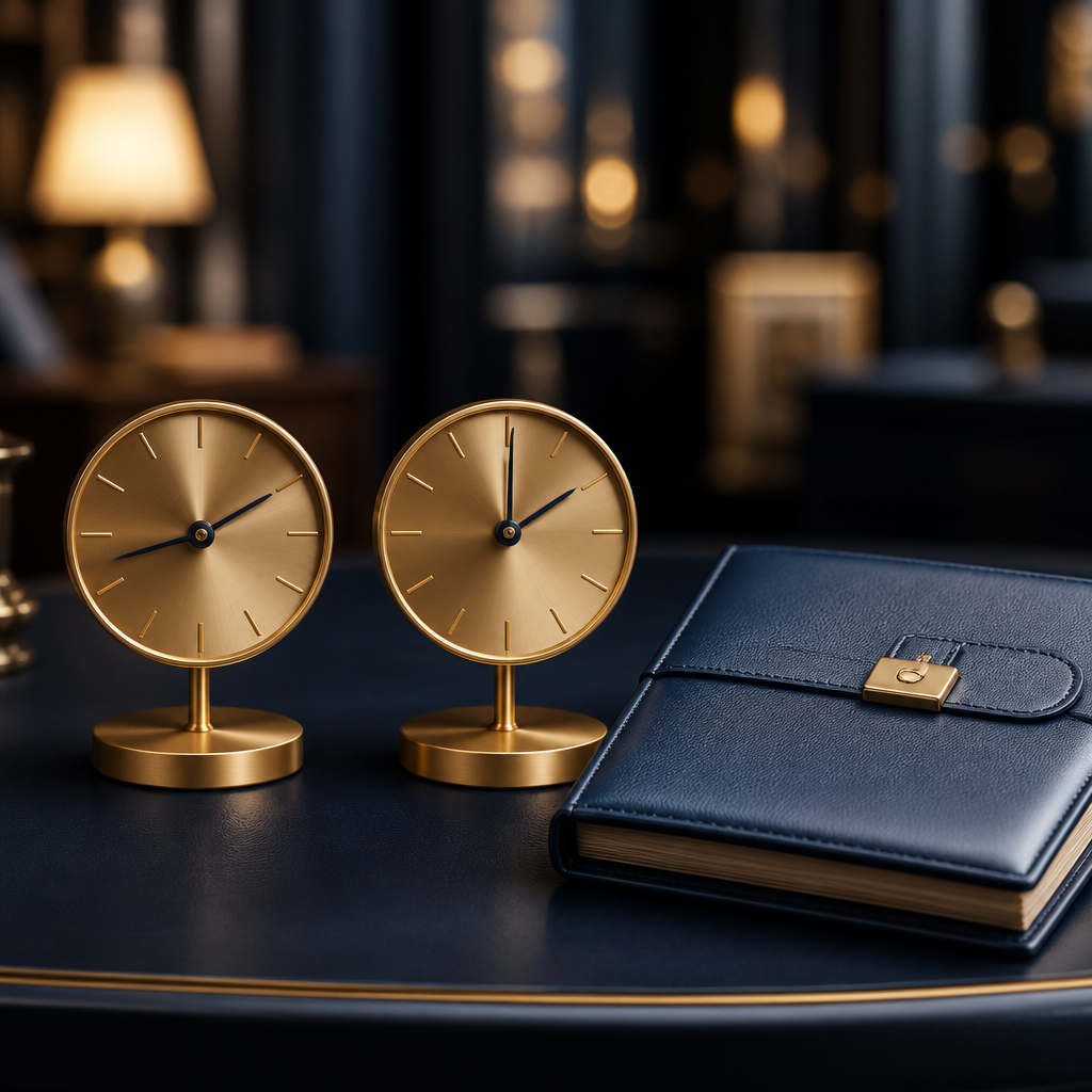 Dos relojes de mesa de latón dorado junto a un libro de registro en piel azul, simbolizando el control de plazos legales y prórrogas en herencias.
